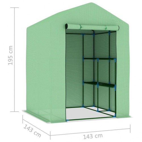 Drivhus med hylder 143 × 143 × 195 cm - stålramme, grønt PE-net