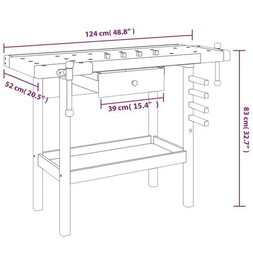 Arbejdsbord skuffe og skruestik 124x52x83 cm massivt akacietræ