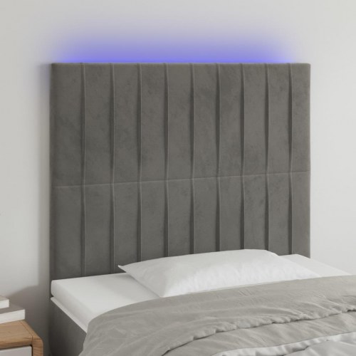Sengegavl med LED-lys i fløjl - lysegrå, 100 x 5 x 118/128 cm