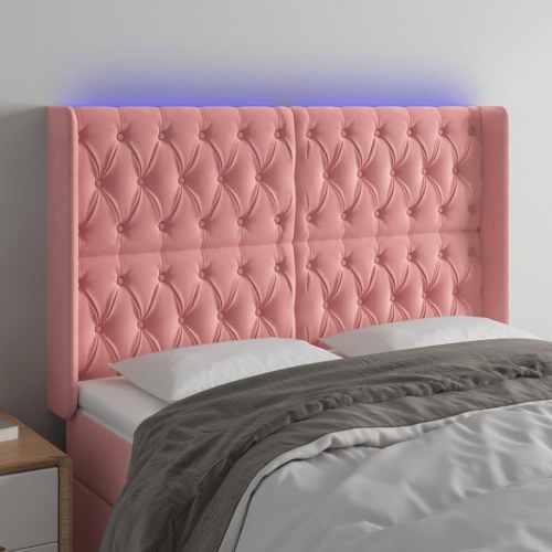 Sengegavl med LED-lys i fløjl - lyserød, 147 x 16 x 118/128 cm