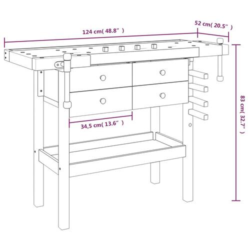 Arbejdsbord skuffer og skruestik 124x52x83 cm massivt akacietræ