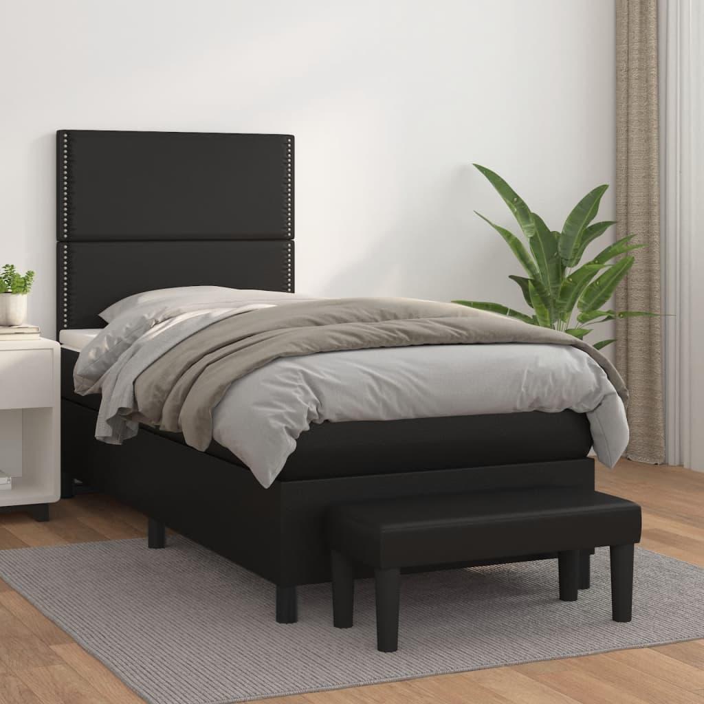 Kontinentalseng med madras 90x200 cm i sort kunstlæder - inkl. topmadras og bænk