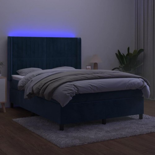 Kontinentalseng med LED-lys 140×190 cm - fløjl, mørkeblå