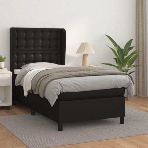 Kontinentalseng 90x200 cm med madras - kunstlæder, sort