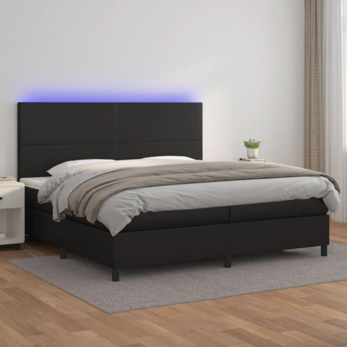 Kontinentalseng med LED-lys 200×200 cm - kunstlæder, sort