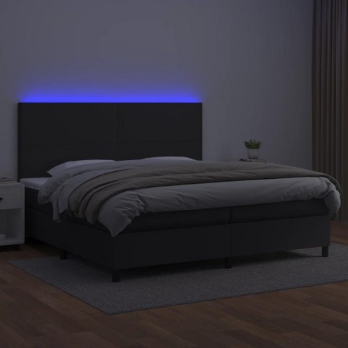 Kontinentalseng med LED-lys 200×200 cm - kunstlæder, sort