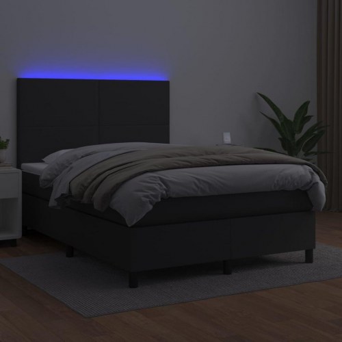 Kontinentalseng med LED-lys 140x200 cm - kunstlæder, sort