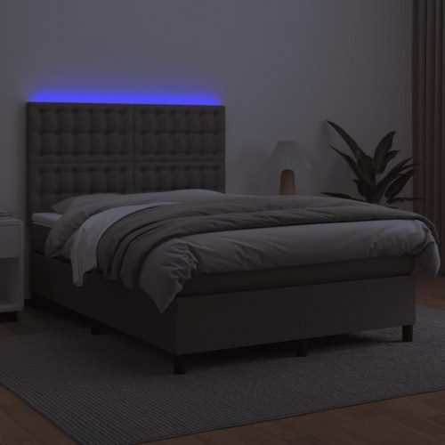 Kontinentalseng med LED-lys 140x200 cm - kunstlæder, grå