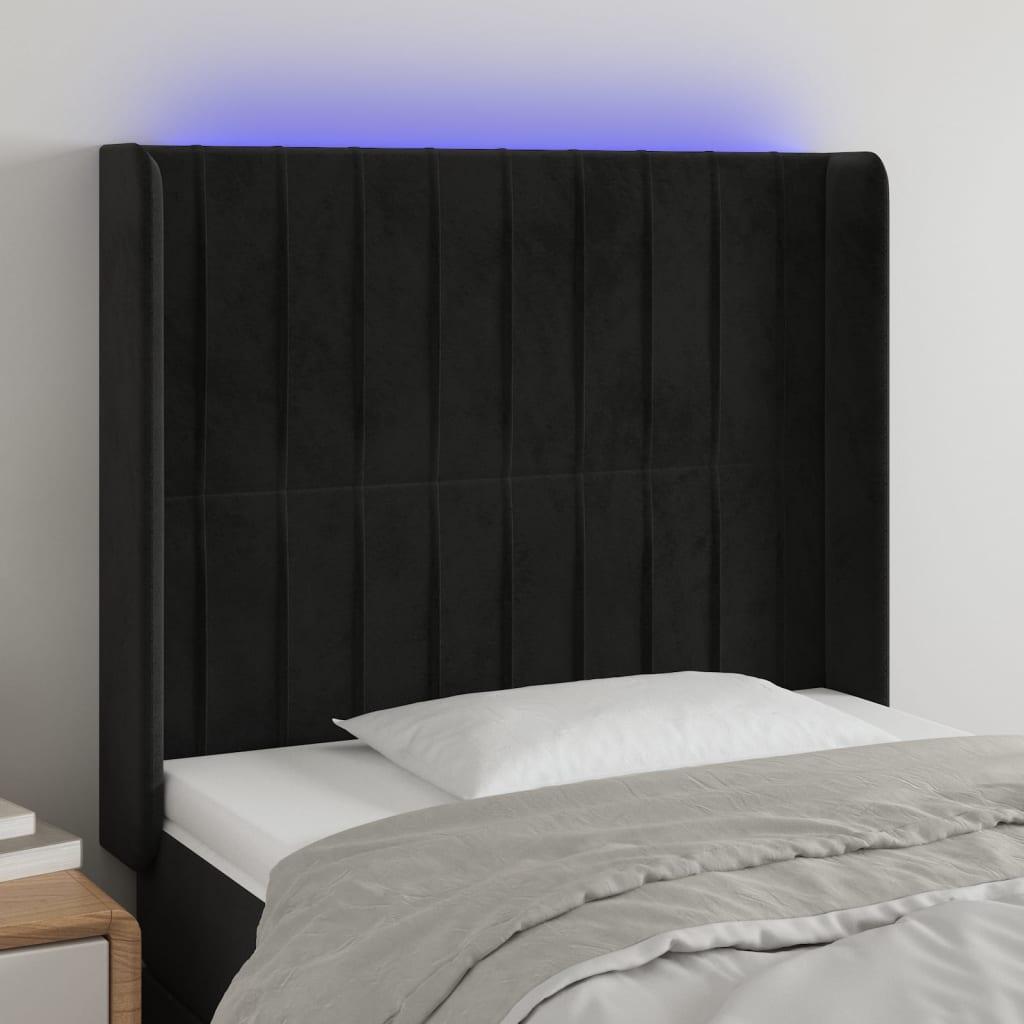 Sengegavl i fløjl med LED-lys - 103×16×118/128 cm, sort