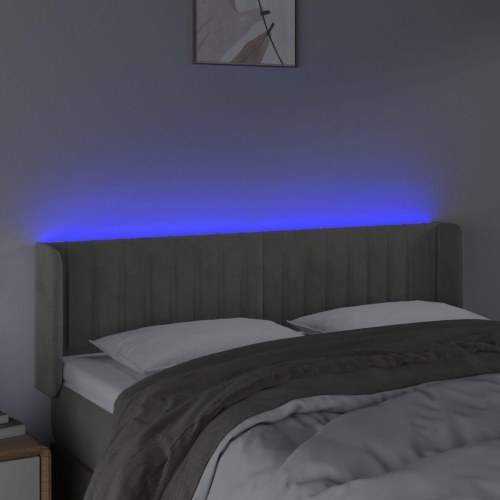 Sengegavl med LED-lys i fløjl - lysegrå, 147 x 16 x 78/88 cm