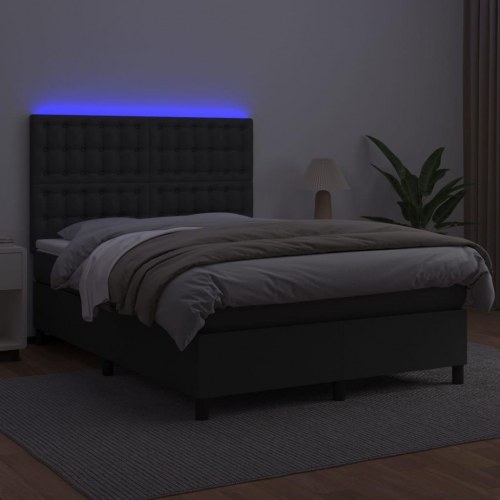 Kontinentalseng med LED-lys 140x190 cm i sort kunstlæder