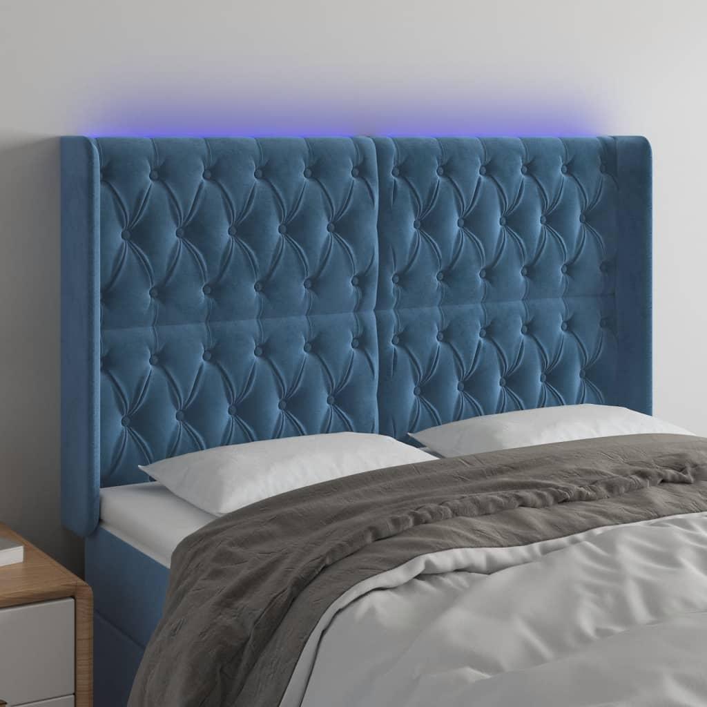 Sengegavl med LED-lys 147×16×118/128 cm - fløjl, mørkeblå