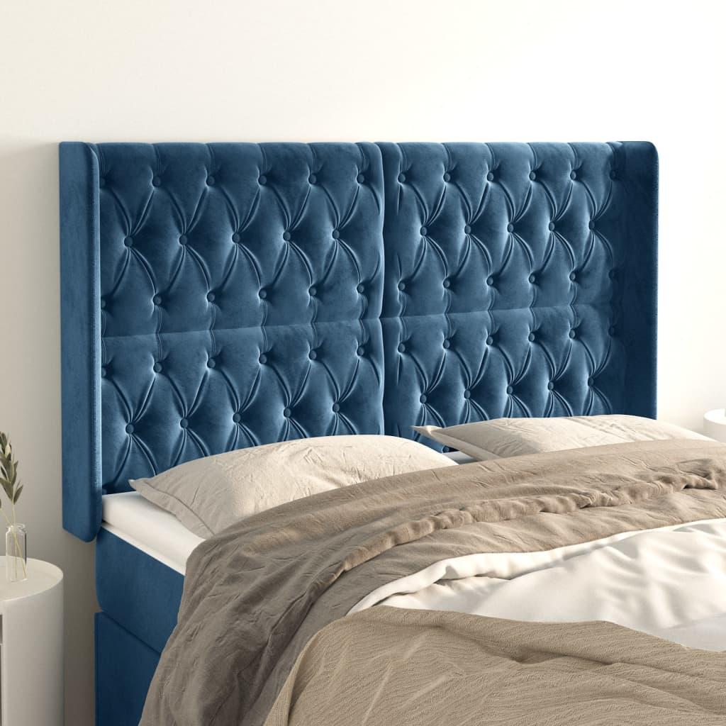 Sengegavl med kanter i fløjl - 147 × 16 × 118/128 cm, mørkeblå