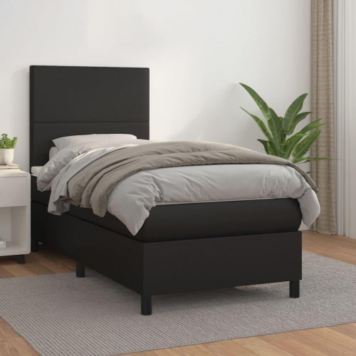 Kontinentalseng 80x200 cm i sort kunstlæder med madras og topmadras