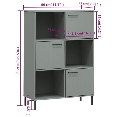 Bogskab med metalben OSLO 90x35x128,5 cm massivt træ grå