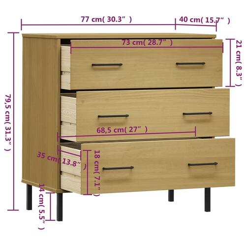 Skænk med 3 skuffer OSLO 77x40x79,5 cm massivt træ brun