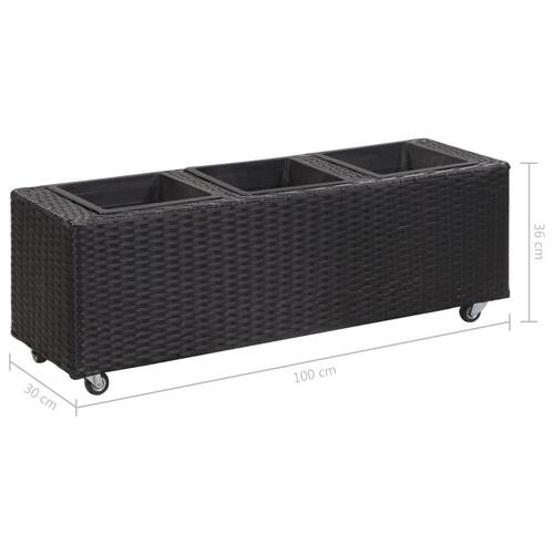 Plantekasse med 3 krukker 100x30x36 cm polyrattan sort