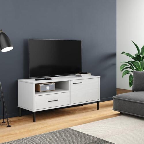 Tv-bord med metalben OSLO massivt fyrretræ hvid