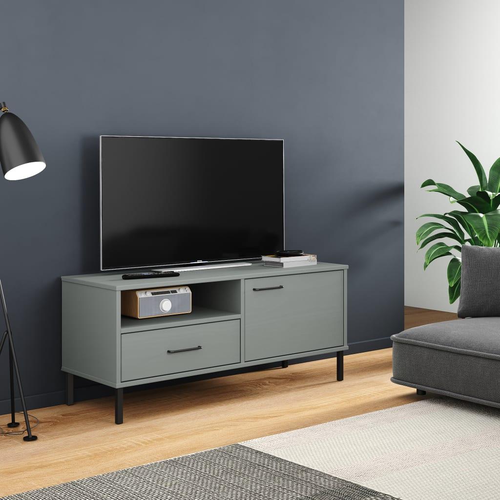 Tv-bord med metalben OSLO massivt fyrretræ grå