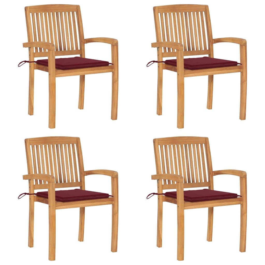 Havestole 4 stk. med hynder stabelbare massivt teaktræ billede