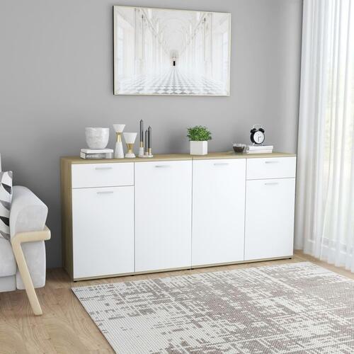 Skænk 160x36x75 cm spånplade hvid og sonoma-eg