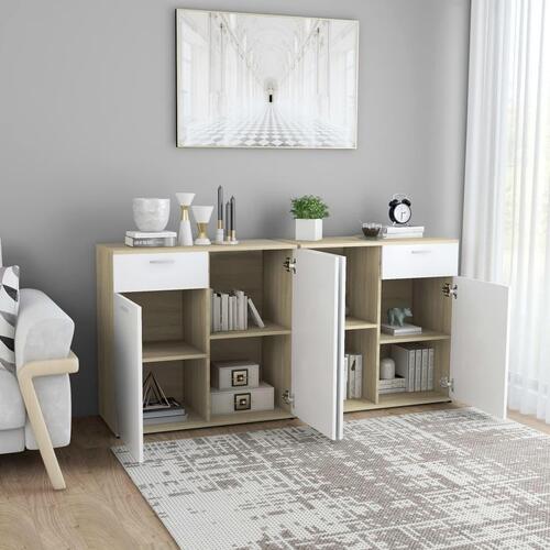 Skænk 160x36x75 cm spånplade hvid og sonoma-eg