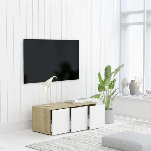 Tv-skab 80x34x30 cm spånplade hvid sonoma-eg