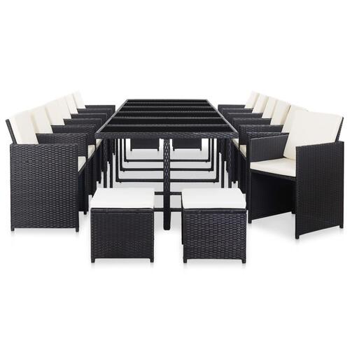 Udendørs spisebordssæt 17 dele med hynder polyrattan sort