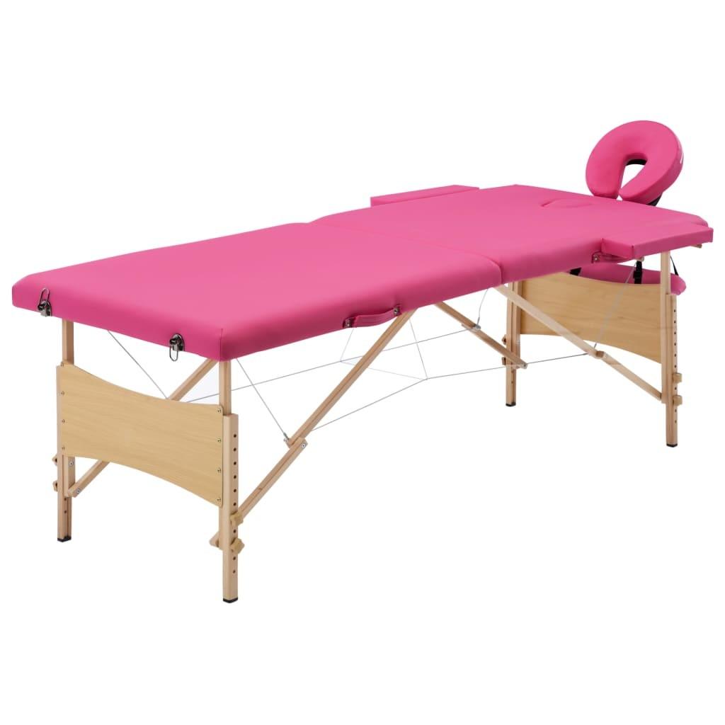 Sammenfoldeligt massagebord med træstel 2 zoner lyserød
