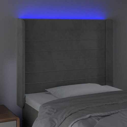 Sengegavl med LED-lys i fløjl - lysegrå, 93 x 16 x 118/128 cm
