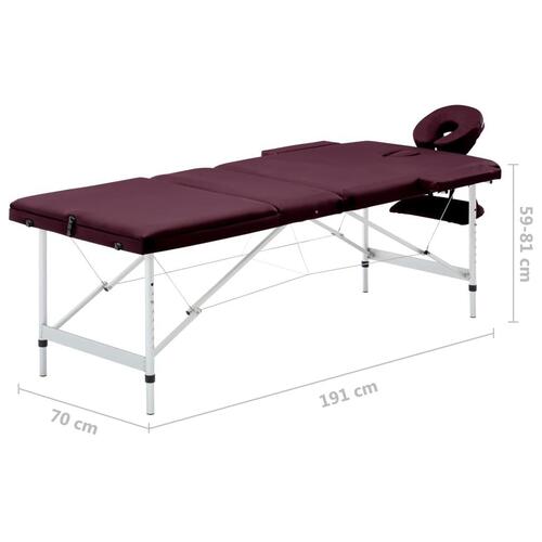 Sammenfoldeligt massagebord med træstel 3 zoner lilla