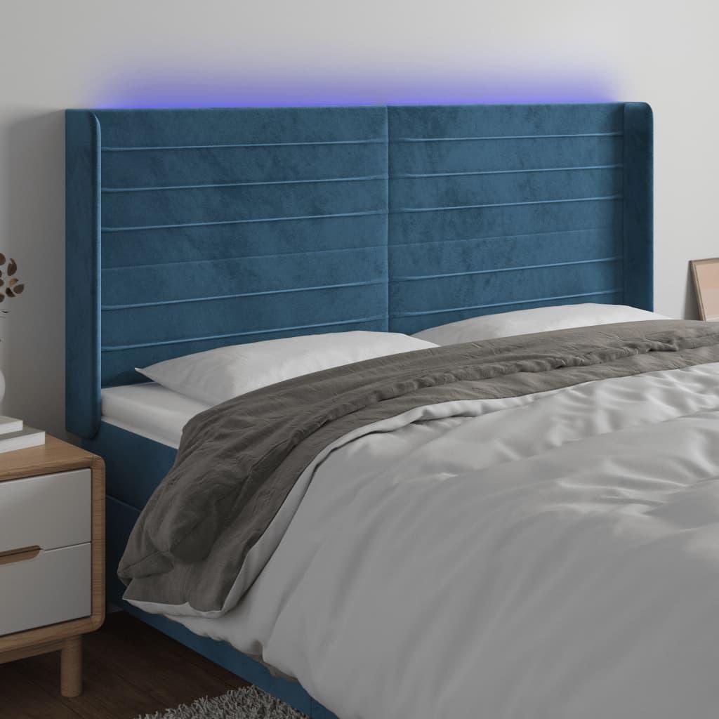 Sengegavl med LED-lys 183x16x118/128 cm - fløjl, mørkeblå