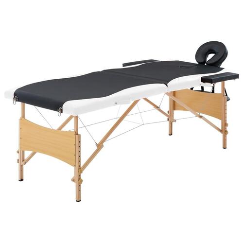 Sammenfoldeligt massagebord med træstel 2 zoner sort og hvid