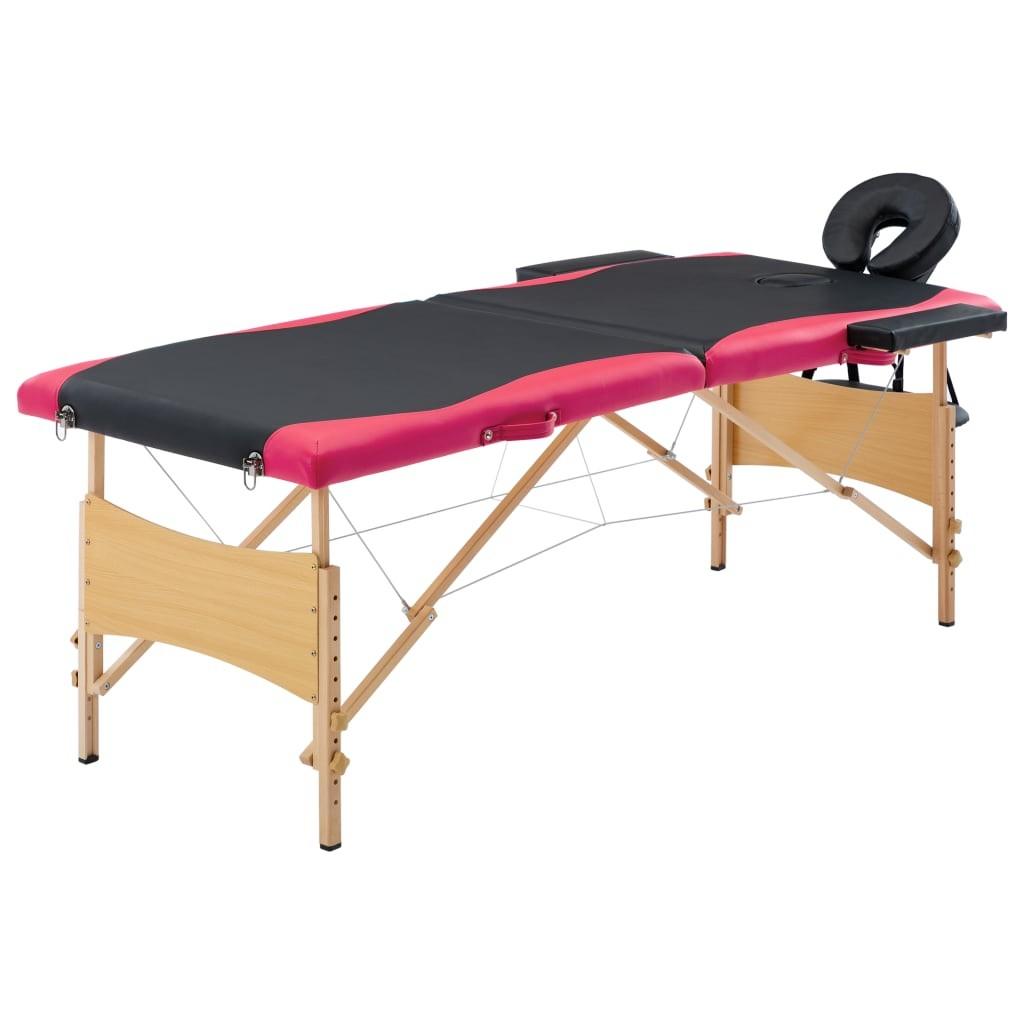 Sammenfoldeligt massagebord med træstel 2 zoner sort og lyserød