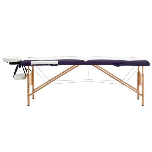 Sammenfoldeligt massagebord med træstel 2 zoner hvid og lilla