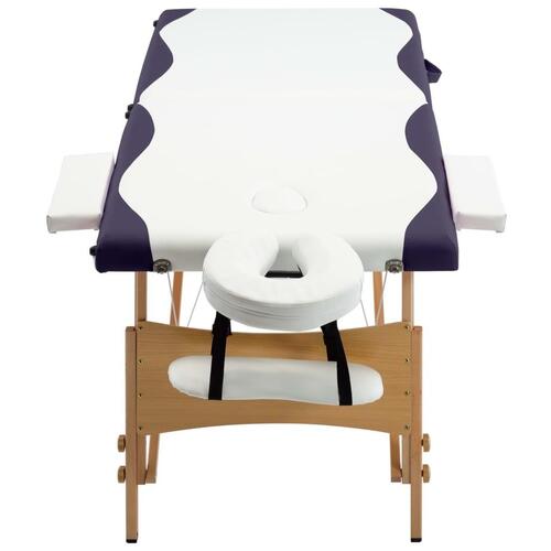 Sammenfoldeligt massagebord med træstel 2 zoner hvid og lilla