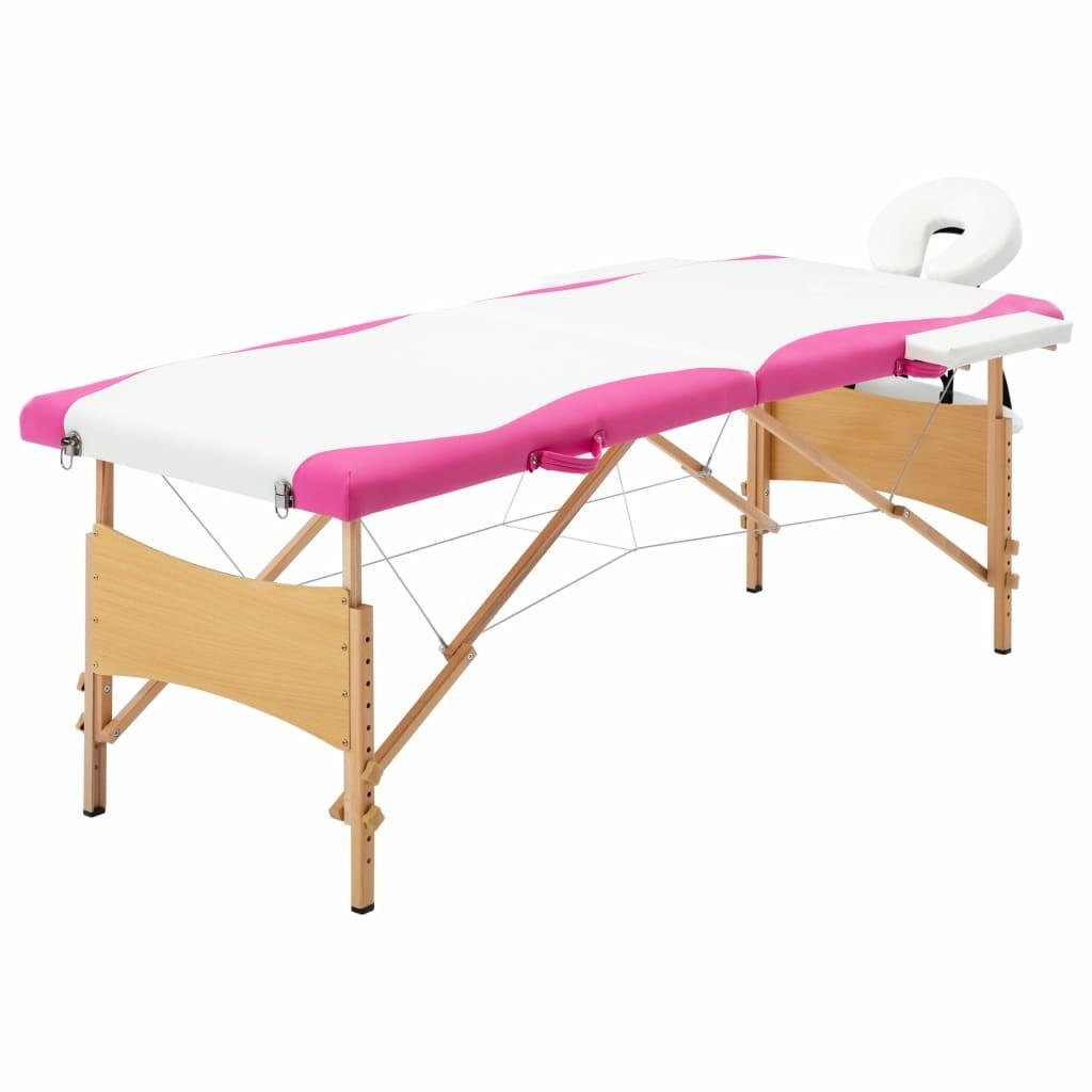Sammenfoldeligt massagebord med træstel 2 zoner hvid og lyserød