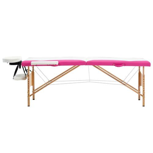 Sammenfoldeligt massagebord med træstel 2 zoner hvid og lyserød