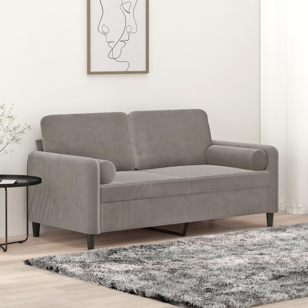 2-personers sofa med puder og hynder 140 cm velour lysegrå