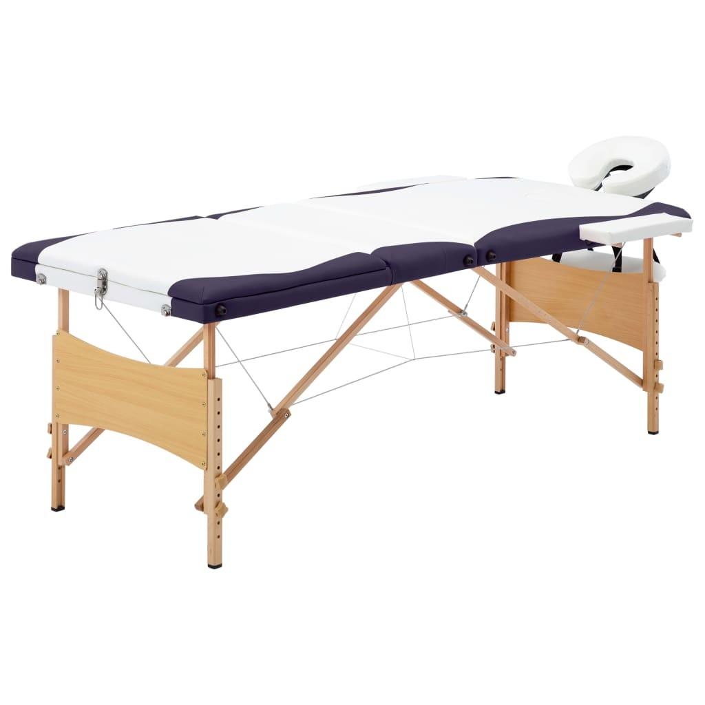 Billede af Sammenfoldeligt massagebord med træstel 3 zoner hvid og lilla