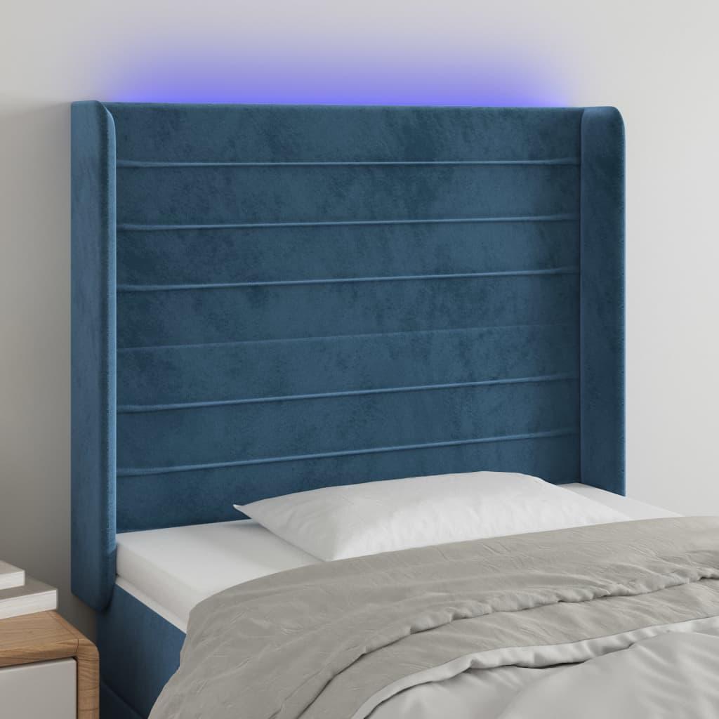 Sengegavl med LED-lys 93×16×118/128 cm - fløjl, mørkeblå