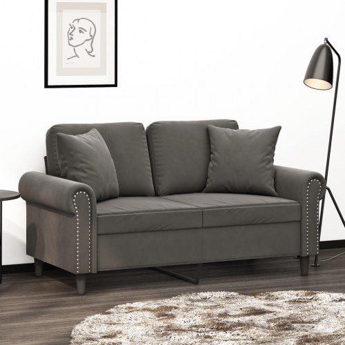2-personers sofa med puder og hynder 120 cm velour mørkegrå