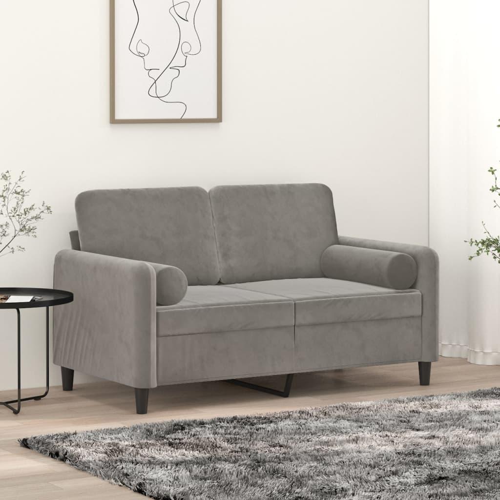 2-personers sofa med puder og hynder 120 cm velour lysegrå