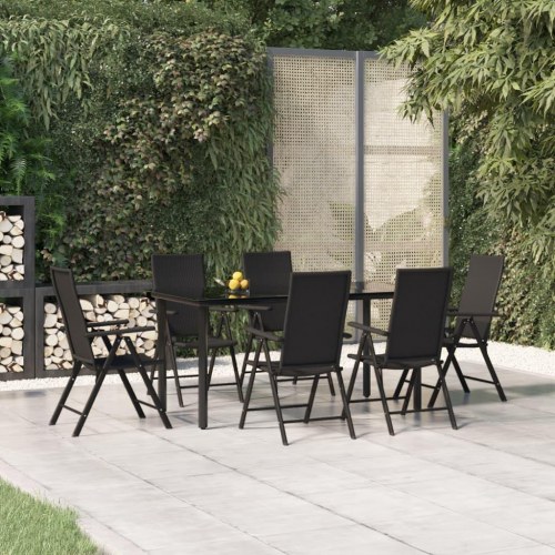 Spisebordssæt til haven 7 dele i sort polyrattan med glasbord