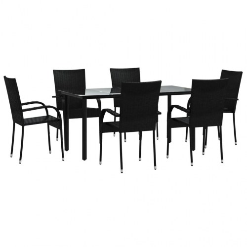 Spisebordssæt til haven - 7 dele i sort polyrattan med glasbord