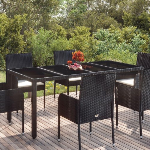 Havebord med glastop i polyrattan - sort