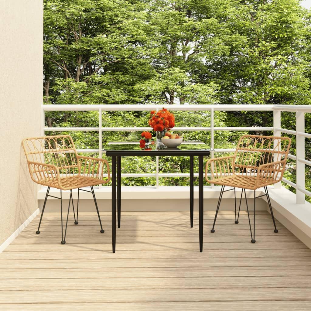 Spisebordssæt til haven - 3 dele i polyrattan med glasbord, sort