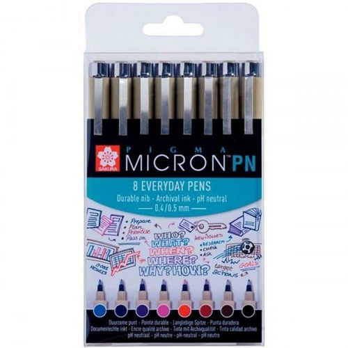 Talens Sakura Pigma Micron PN - sæt med 8 fiberpenne, multifarver