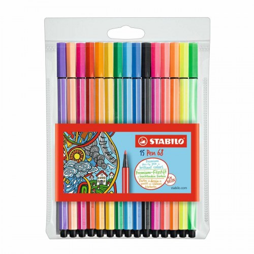 Stabilo Pen 68 fiberpenne - Standard + Neon, 15 stk., multifarvet