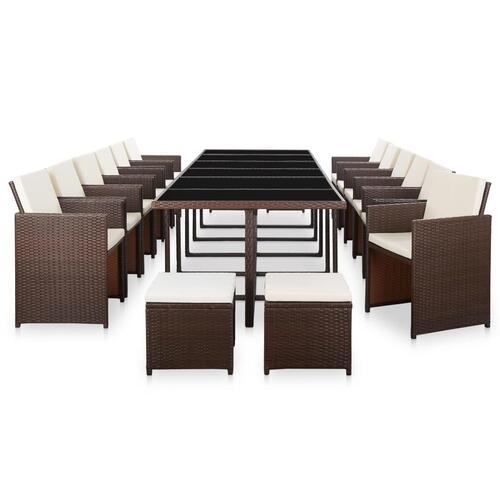 Udendørs spisebordssæt 17 dele med hynder polyrattan brun